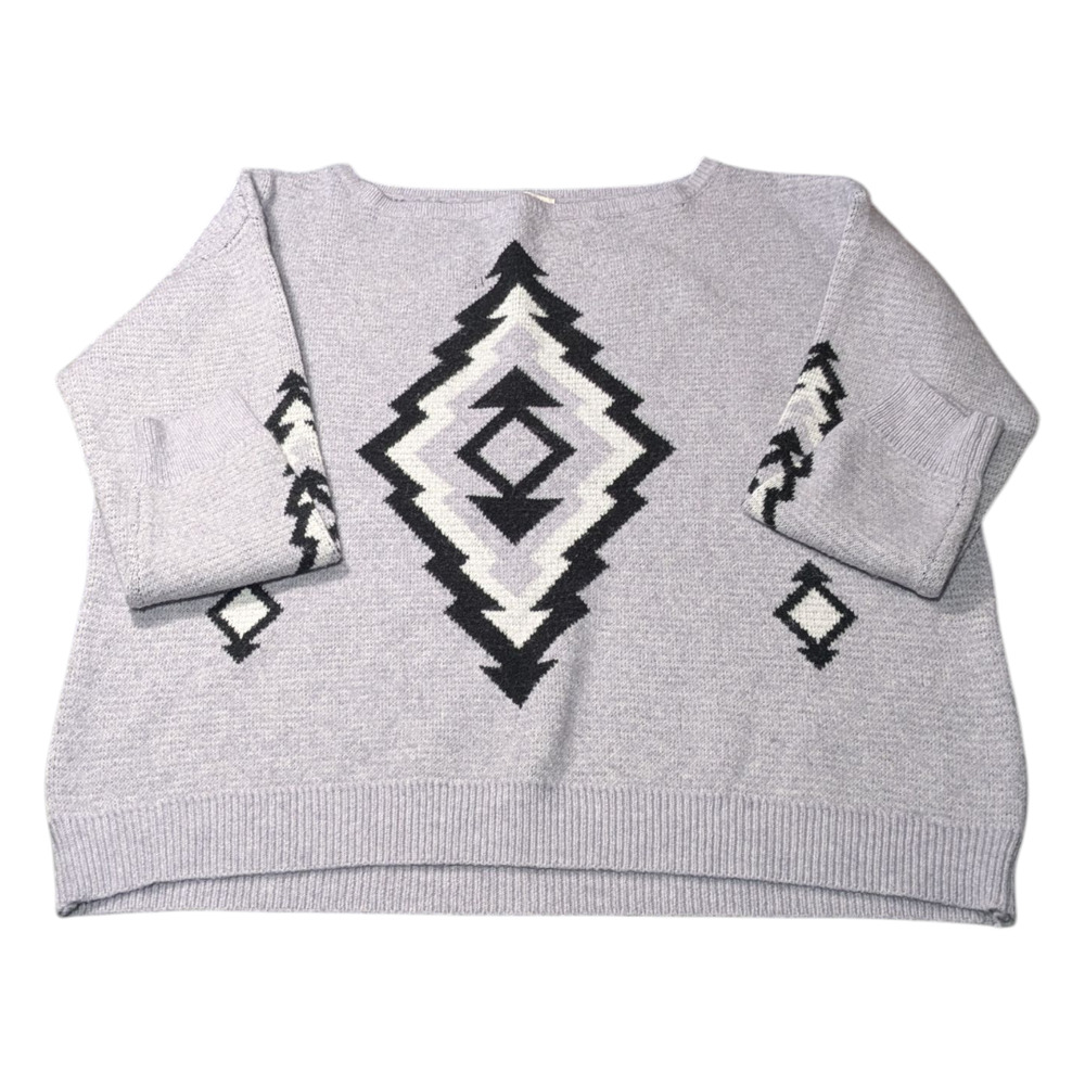 AndTheWhy Sweater Grey and Black Aztec-Graphic Scoop-Neck Long-Sleeve Size S-M